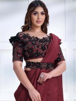 Maroon Crepe Georgette Silk Saree With Stitched Blouse